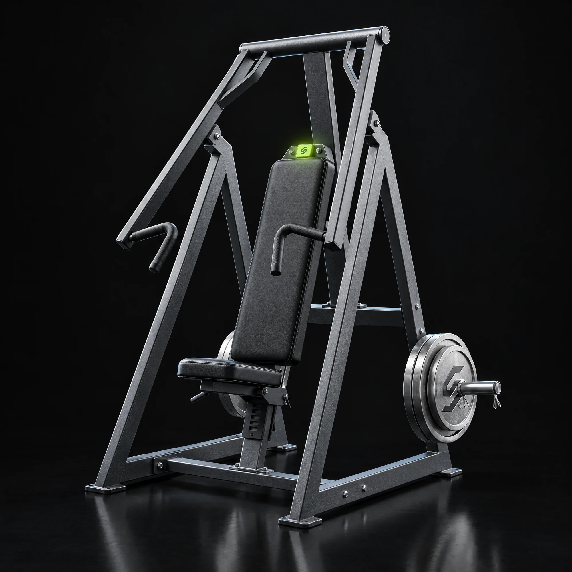 An incline chest press station with a lime NFC tag mounted on the top of the back rest.